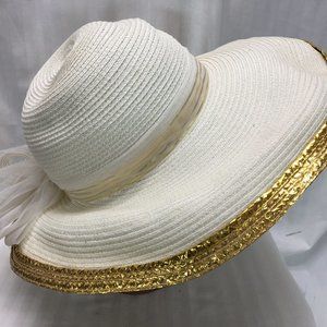 White Adolfo II Straw Sun Hat w Gold & White Accen